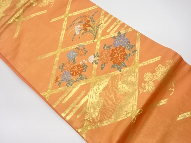 JAPANESE KIMONO / VINTAGE NAGOYA OBI / WOVEN IRIS & PEONY WITH KIKU